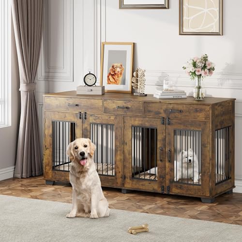 Dog Crate Furniture for 2 Dogs, 71'' XXL Indoor Dog Kennel with 3 Drawers and Removable Room Divider, Wooden Double Dog Crate TV Stand End Table with Double Doors for Large Medium Dogs, White