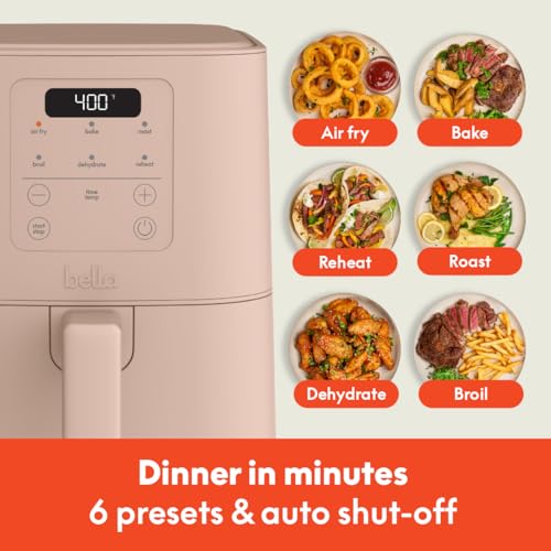 bella 4Qt Slim Air Fryer, Fits-anywhere™ Kitchenware, EverGood™ Ceramic Nonstick Coating, Adjustable Temperature, 6 Preset Cooking Options, 60 Min Auto Shutoff w Audible Tone, 3.3lb Capacity, Oatmilk