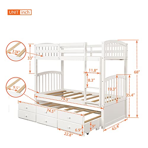Merax Twin Bunk Bed with Ladder, Safety Rail, Twin Trundle Bed with 3 Drawers for Teens Bedroom, Guest Room Furniture(White)