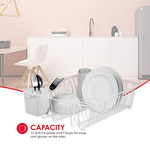 Home Basics Vinyl Coated Wire Dish Drying Rack with Square Utensil Holder, (Black) Countertop Dish Drainer | Padded Feet to Protect Countertops | Dual Side Drinkware Space