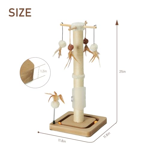 PEEKAB Cat Scratching Post Premium Sisal Scratch Posts with Tracking Interactive Toys Vertical Scratcher for Indoor Cats and Kittens- 25 inches Beige