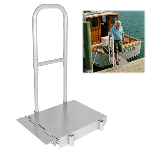 Folding Boat Boarding Platform with Handrail – Anti-Rust Dock Steps for Lake, 500lbs Capacity, Non-Slip Surface, Ground Lock & Bumper Strip – Dock Ramp for Boats, Pontoons, Yachts