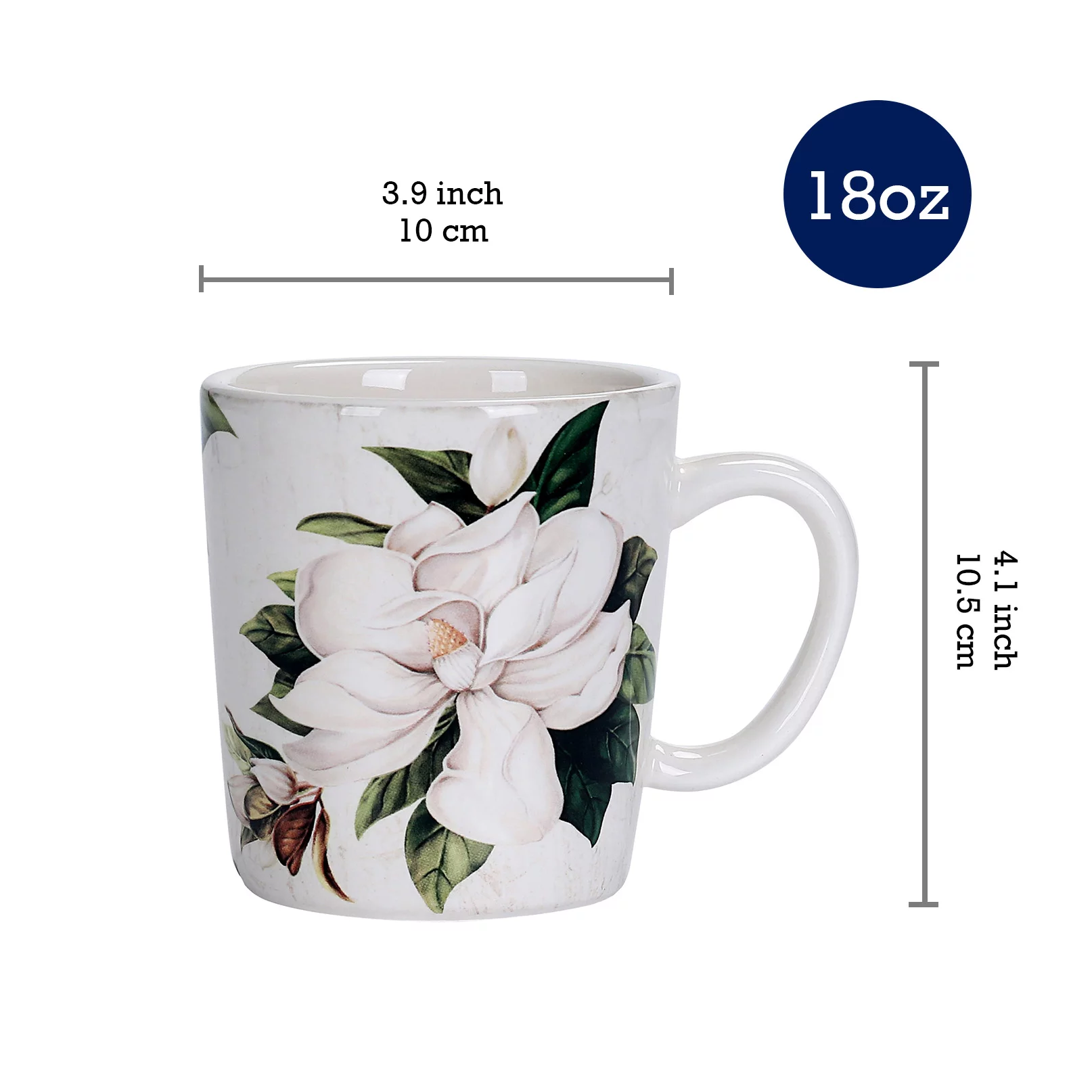 Bico Magnolia Floral Ceramic Mugs, Set of 4, for Coffee, Tea, Drinks, Microwave & Dishwasher Safe
