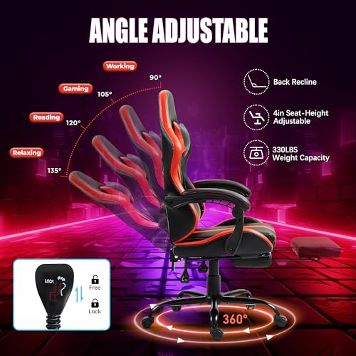 Massage Gaming Chair w/Footrest, Ergonomic High Back PC Chair w/Headrest and Lumbar, PU Swivel Home Desk Office Chair, Black