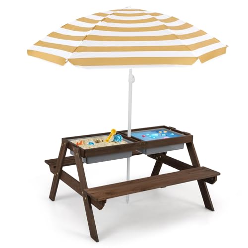 KOTEK Kids Picnic Table, 4 in 1 Sand and Water Table w/Detachable Tabletop, 2 Removable Play Boxes, Foldable & Height Adjustable Umbrella, Wood Sensory Table and Bench for Outdoors, Indoors (Natural)