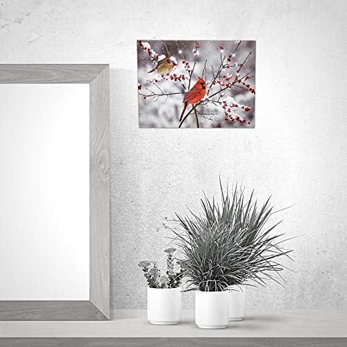 BANBERRY DESIGNS LED Cardinals Canvas Print Lighted Picture with Cardinal Couple and Holiday Berries