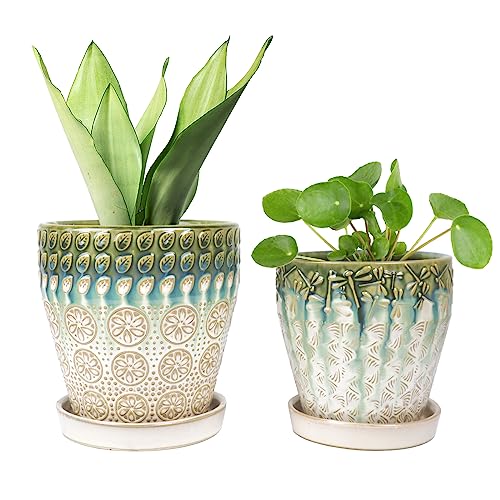6 Inch Ceramic Planter with Drainage Hole and Saucer for Plants, Indoor-Outdoor Large Round Succulent Orchid Flower Pot, Set of 2