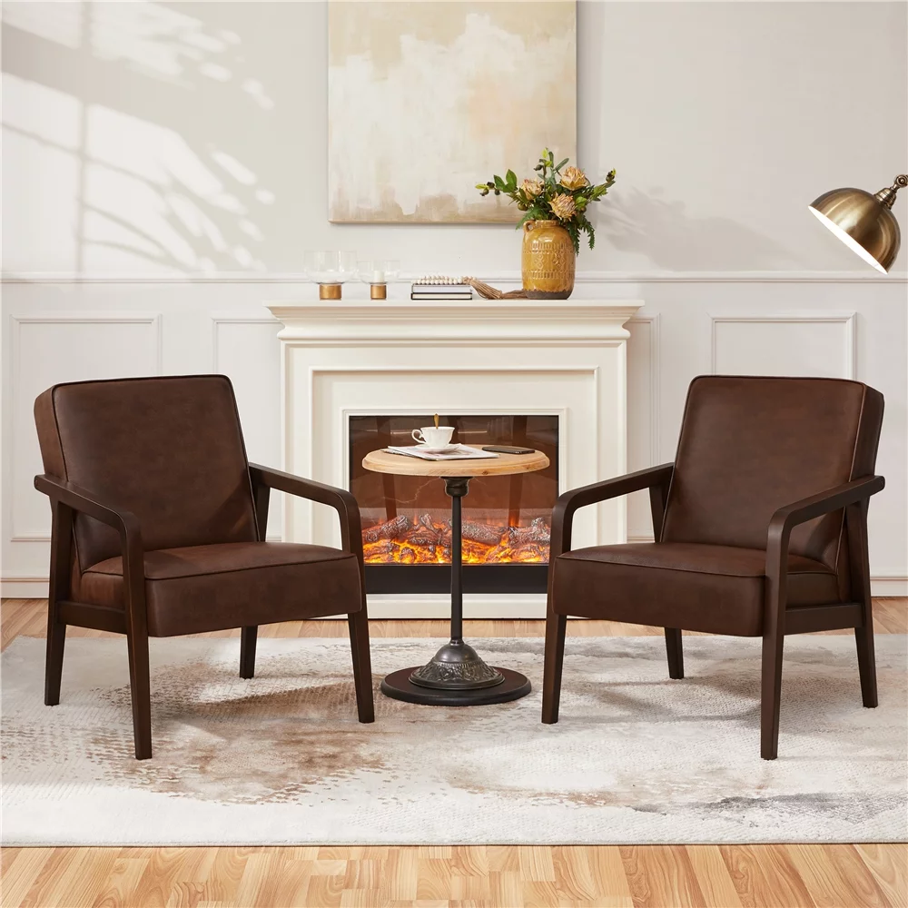 Topeakmart Modern Upholstered Faux Leather Accent Armchair with Solid Wood Frame, Dark Brown