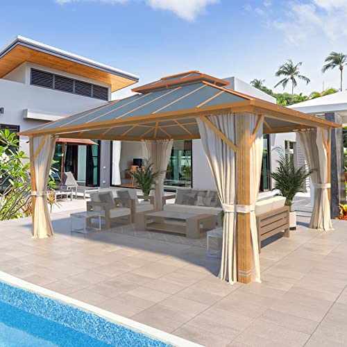 YOLENY 10' x 12' Hardtop Gazebo, Wood-Looking Gazebo with Galvanized Steel Double Roof, Aluminum Frame, Permanent Metal Pavilion with Netting and Curtains for Deck, Backyard, Patio and Lawns