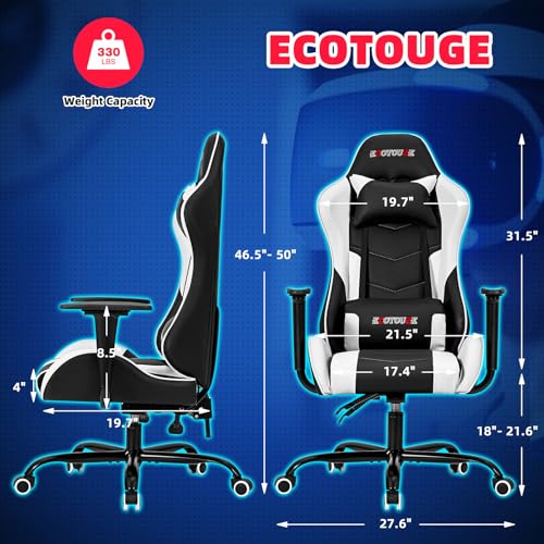 ECOTOUGE PC Massage Gaming Chair with Footrest Ergonomic Office Desk Chair Racing PU Leather Recliner Swivel Rocker with Headrest and Lumbar Pillow, Blue