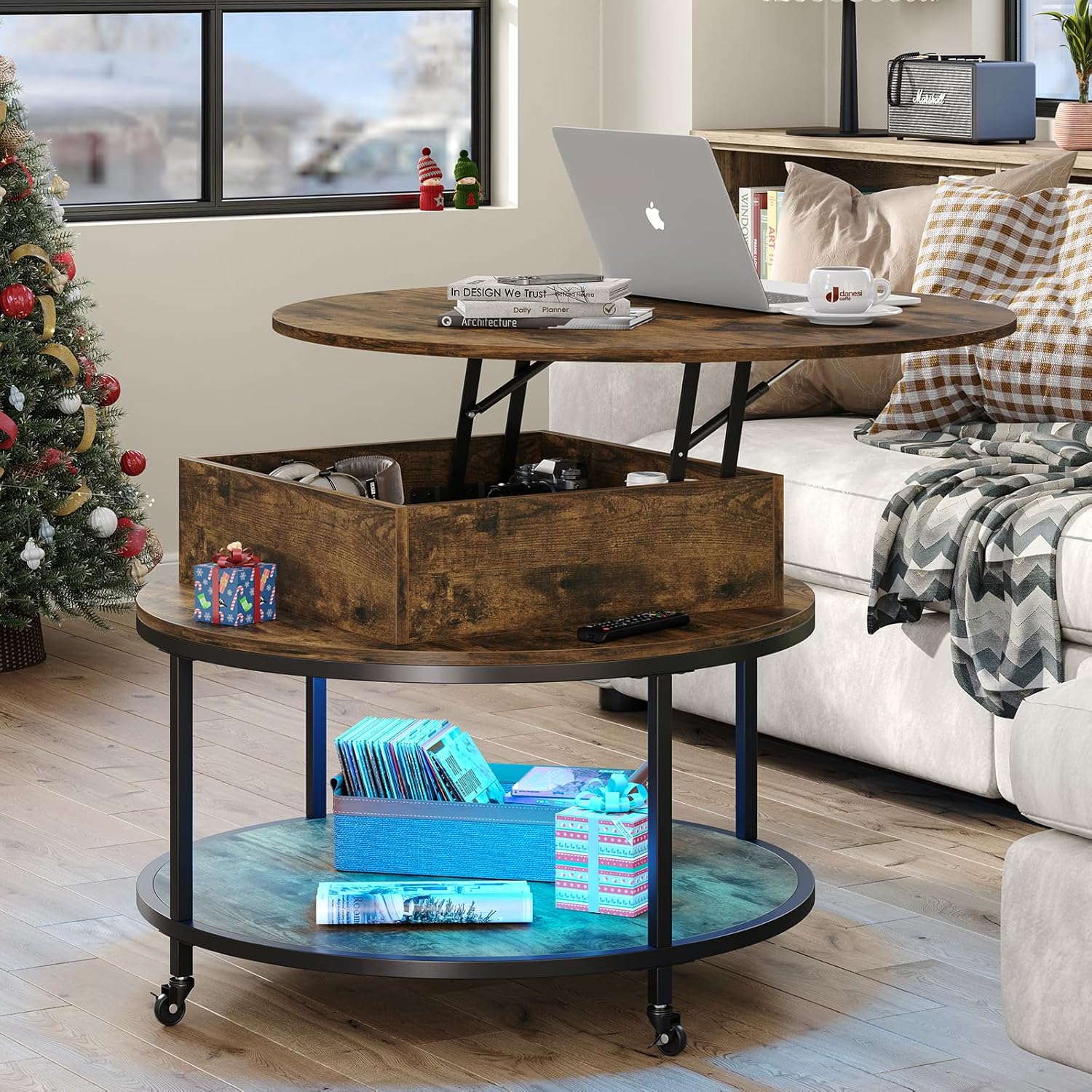 35.43''W Lift Top Round Coffee Table, Coffee Table with 2-Tier Storage, Modern Led Circle Coffee Table with Hidden Storage Compartment & Wheels Dining Table for Home, Rustic Brown