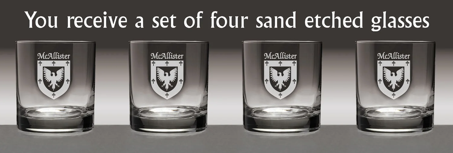 McAllister Irish Coat of Arms Tumbler Glasses - Set of 4 (Sand Etched)