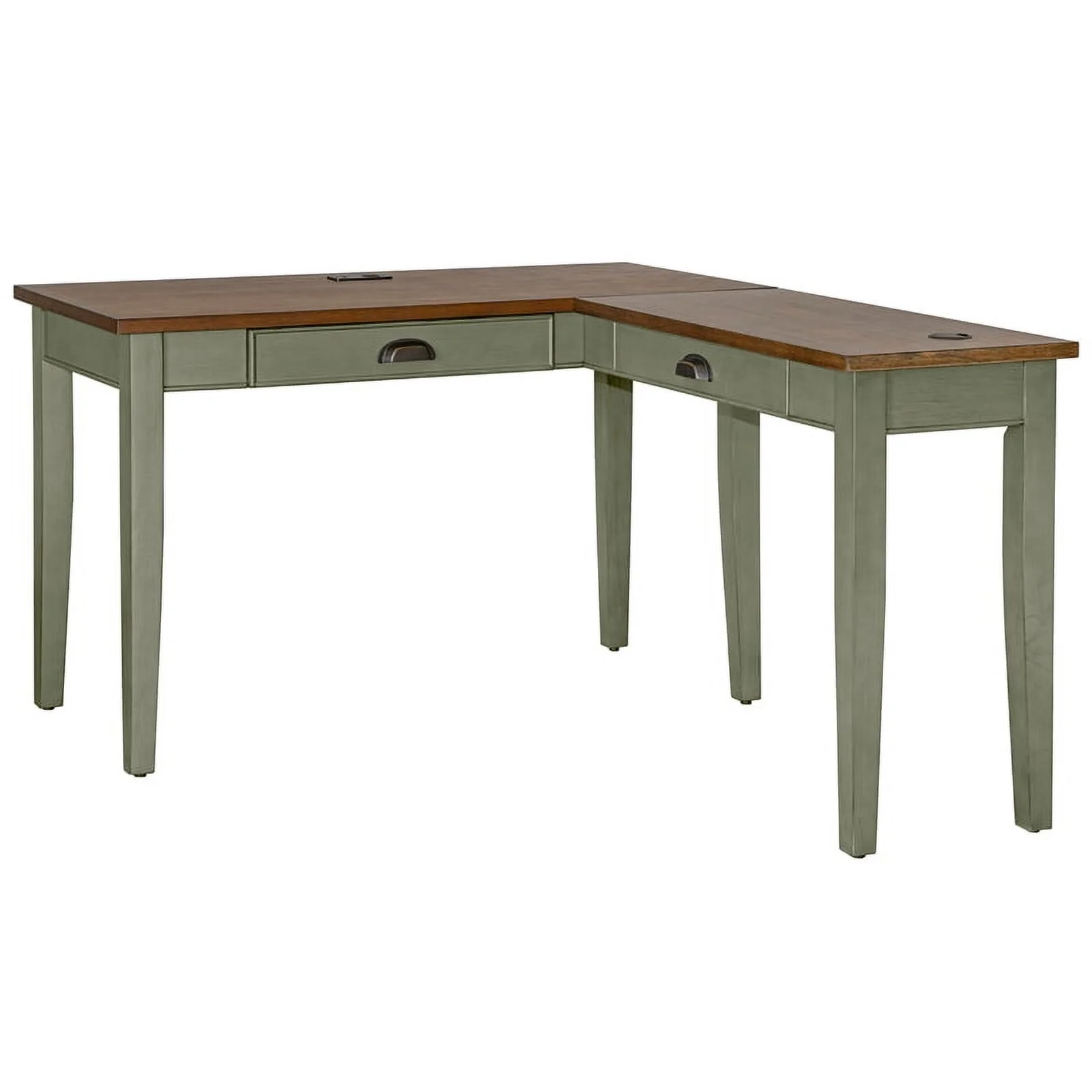 Bowery Hill Open L-shaped Wood Writing Desk & Return in Sage Green/Natural