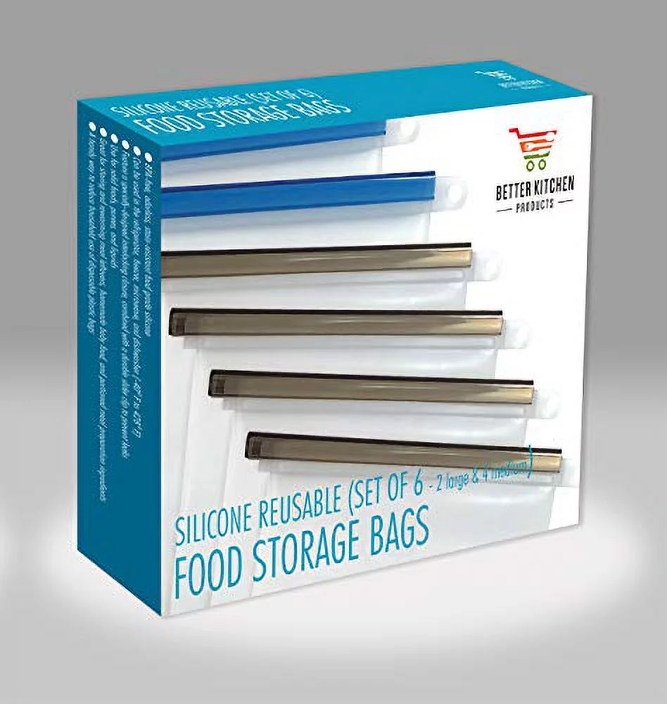 Silicone Reusable Food Storage Bags (Set of 6) (2 Large 50oz + 4 Medium 33.8oz), by Better Kitchen Products, Airtight, Expandable Gusset, Easy Stand-Up, for Solids, Liquids, Refrigerator and Freezer,