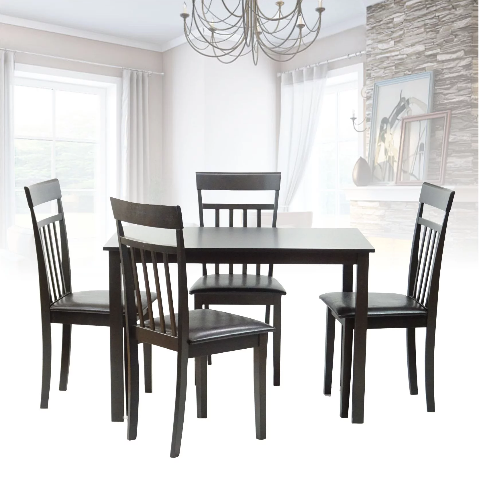 Set of 5 pc Table and 4 Side Warm Chairs Solid Wooden Espresso Black Finish