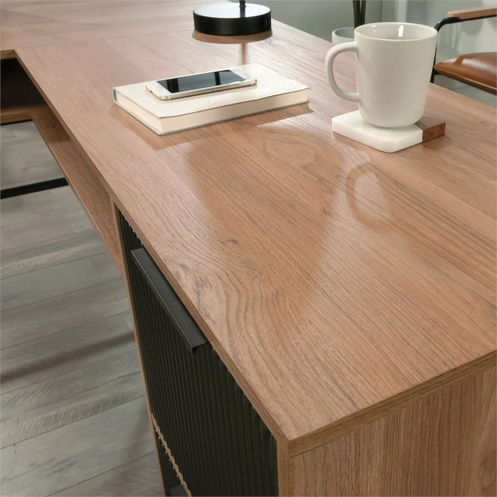 UrbanPro Modern Engineered Wood / Metal L-Desk in Serene Walnut