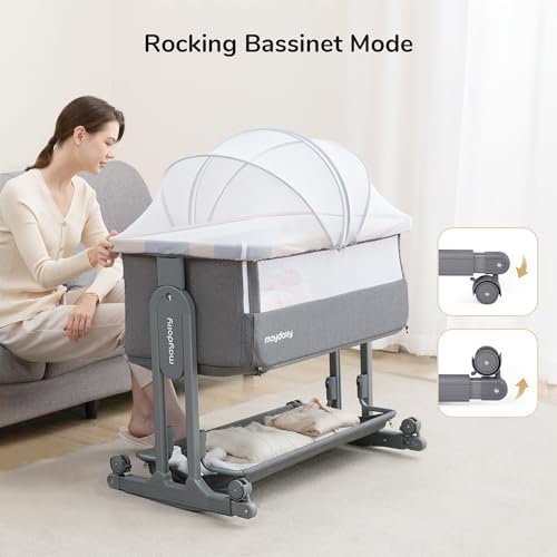 Maydolly Baby Bassinet, 3-in-1 Rocking Bassinet Bedside Sleeper with Wheels, Mattress, Sheet, 7 Height Adjustable, Folding Easy Portable Bassinet for Infant