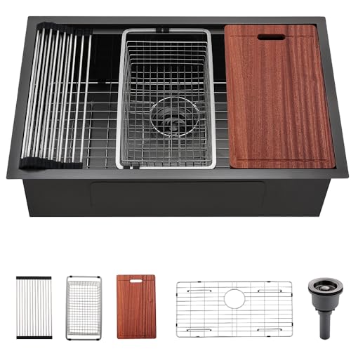 30 In Black Undermount Workstation Kitchen Sink - Dorzom 30”x19” In Metallic Matte Black Stainless Steel Under Mount 18 Gauge 10 Inch Deep Single Bowl Workstation Ledge Kitchen Sink with Accessories