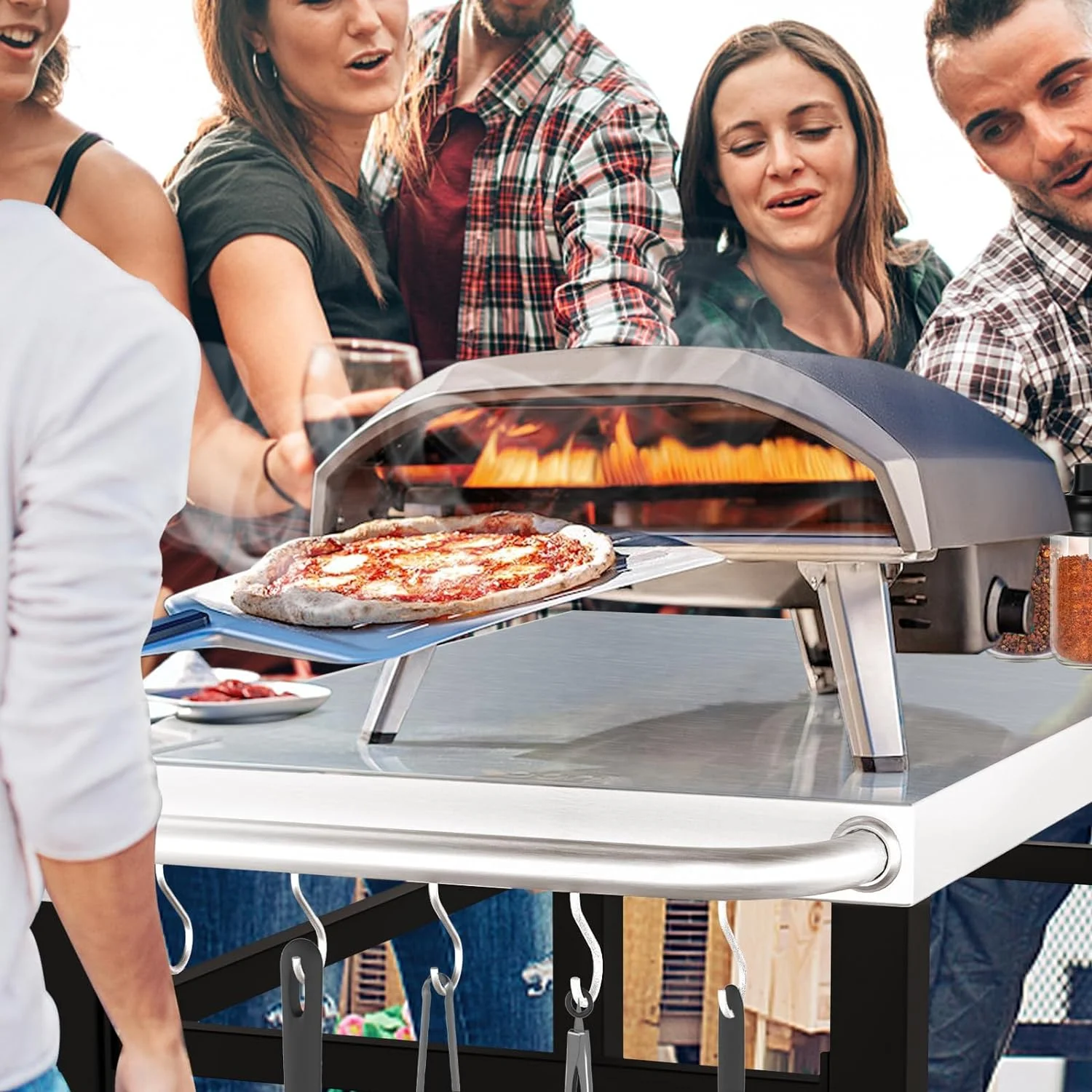 GRILL FORCE Outdoor Grill Cart Table,Movable Dining Cart Table, Pizza Oven Table Stand,Food Prep and Work Table Cart,BBQ Grill Carts with Wheels, Grilling Backyard Table (Double-Shelf Grill Table)