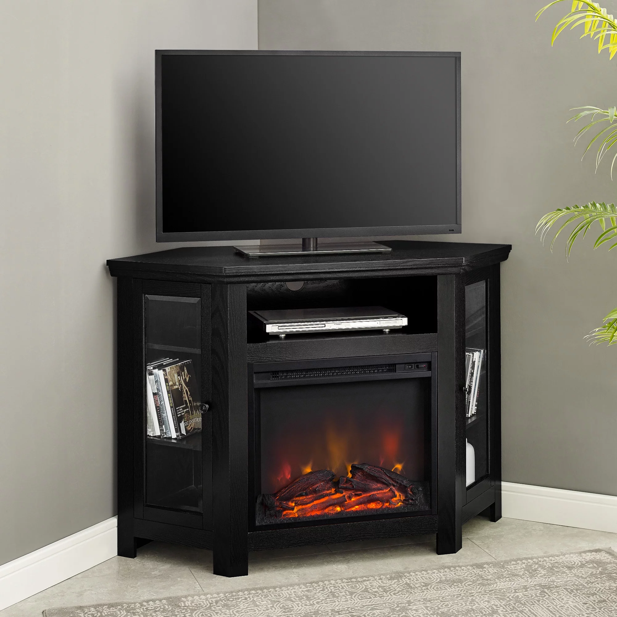 Walker Edison Black Corner Fireplace TV Stand for TVs Up to 50