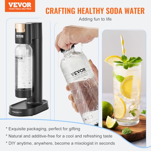 VEVOR Sparkling Water Maker, Soda Maker Machine for Home Carbonating, Seltzer Water Starter Kit with 2 BPA-free 1L PET Bottles, Compatible with Mainstream Screw-in 60L CO2 Cylinder(NOT Included) Black