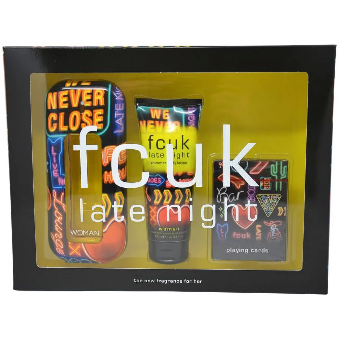 FCUK LATE NIGHT Her 3.4 oz EDT Spray Women Perfume+ 3.4 Lotion+ cards SET NIB