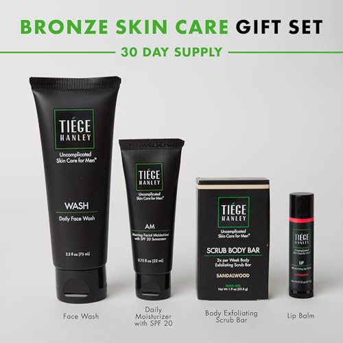Tiege Hanley Mens Skin Care Gift Box Set, Bronze - Men's Skincare Set Includes Face Wash, Facial Moisturizer with SPF 20 Sunscreen, Body Exfoliating Scrub Bar, & Moisturizing Lip Balm