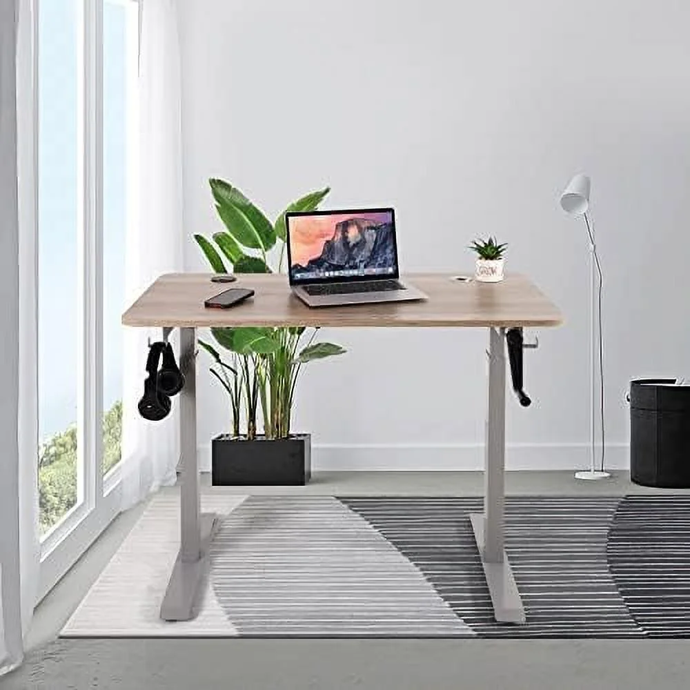 HJZBNONE - Crank Adjustable Height Standing Desk  Adjustable Sit to Stand up Desk Home Office Table  Computer Table  Portable Writing Desk  Study Table (Light Oak Top/White Frame - NTCSET