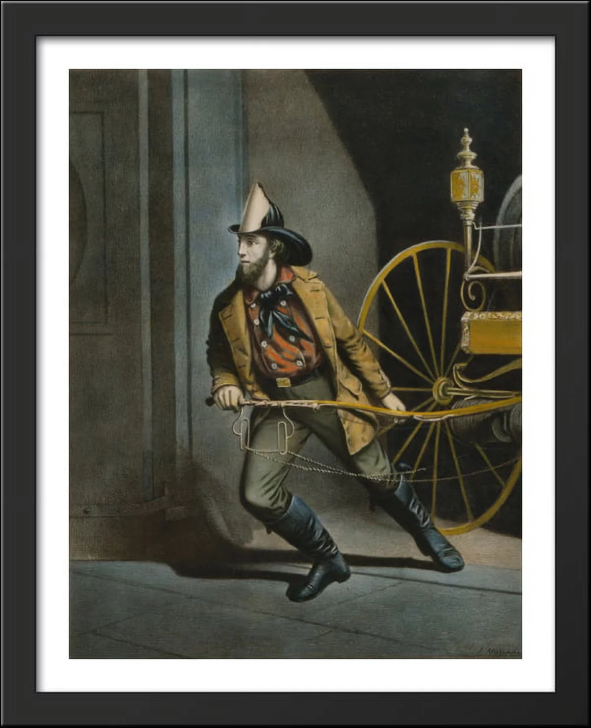 The American Fireman. Always Ready 28x36 Large Black Wood Framed Print Art by Currier and Ives