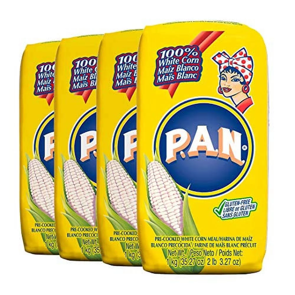 P.A.N. White Corn Meal  Pre-cooked Gluten Free and Kosher Flour for Arepas, 1 Kilogram (35 Ounces / 2 Pounds 3.3 Ounces) (Pack of 4)