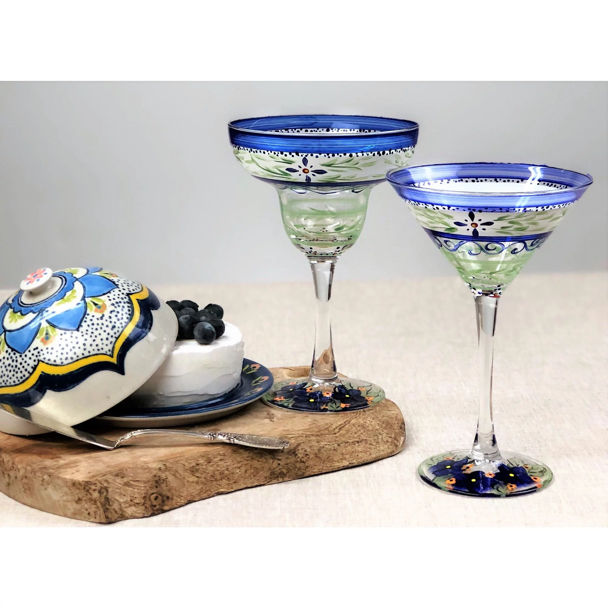 Crafted Creations Set of 2 Green Floral Hand Painted Margarita Stemware Glasses 12 oz.