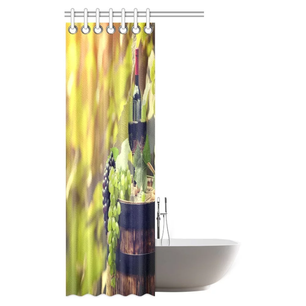MYPOP Red Wine Bottle and Wine Glass on Old Barrel at Sunset in Chianti Tuscany Italy Landscape Fabric Bathroom Shower Curtain Set with Hooks, 36 X 72 Inches