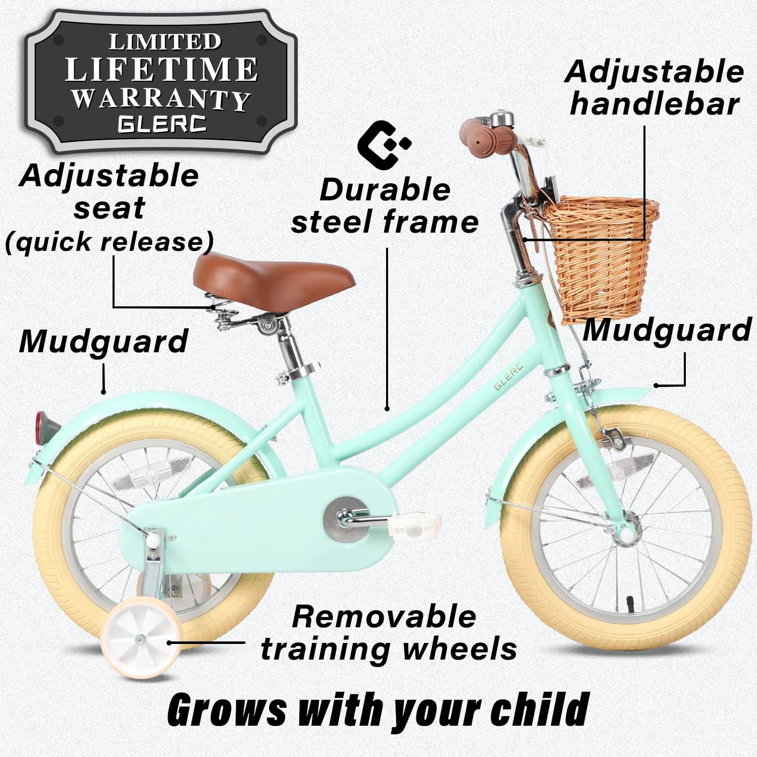 Glerc 14 Inch Kids Bike for 3 4 5 Years Old Little Girls Retro Vintage Style Bicycles with basket Training Wheels and Bell,Mint Green