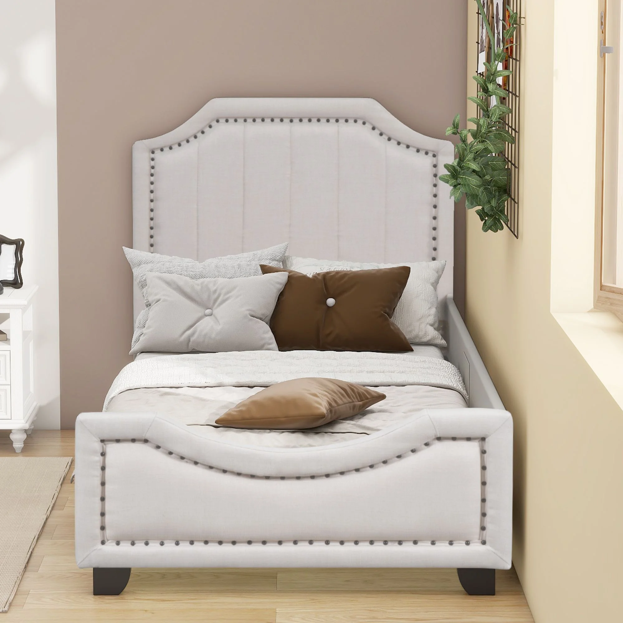 Twin Storage Upholstered Platform Bed Mattress Foundation with Nailhead Trim Decoration and Guardrail, Bed Frame Storage Bed w/ Wooden Slats for Boy Girl, No Box Spring