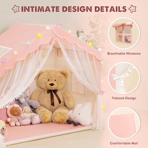 Kids Play Tent with Mat - Kids Tent Indoor with Star Lights and Flags, Toddler Tent for Kids Ages 3-8, Toddler Playhouse for Girls Boys, 57