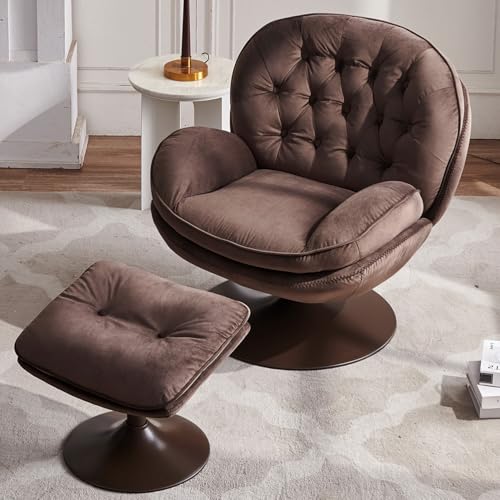 Swivel Accent Chair with Ottoman Set, Velvet Modern Lounge Armchair with Metal Base Frame & Footrest, Comfy Lazy Single Leisure Chair with 360 Swiveling for Living Room/Bedroom/Grey