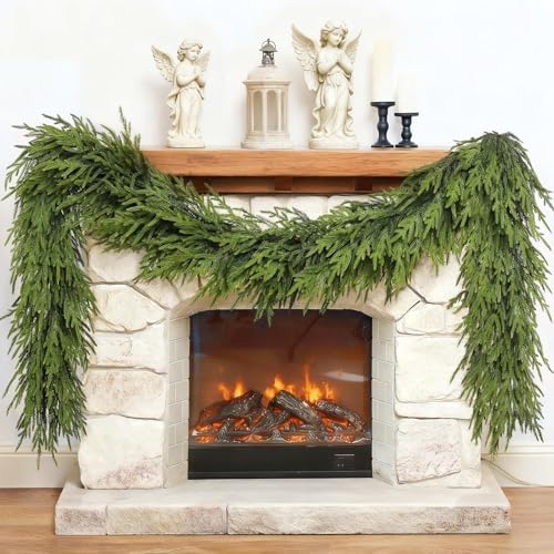 9FT Christmas Artificial Norfolk Pine Garland for Fireplace - Realistic Faux Greenery Fake Garland for Holiday,Table, Window,Mantel,Stairs, Home,Indoor Outdoor Decor (1PCS)