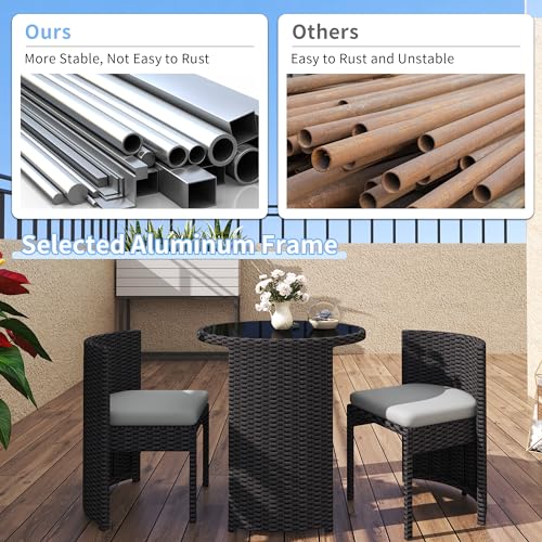 TWT 3 Pieces Fully Assembled Aluminum Outdoor Patio Bistro Set All-Weather Wicker Patio Furniture with Tempered Glass Table & Patio Chairs for Poolside Porch Deck Apartment Black