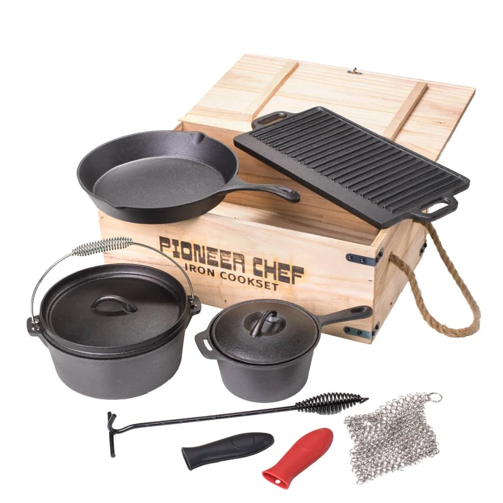 Lehman's Campfire Cookware Set, Cast Iron Stew Pot, Skillet, Dutch Oven with Rack and Lid Lifter, Reversible Grill and Scrubbers