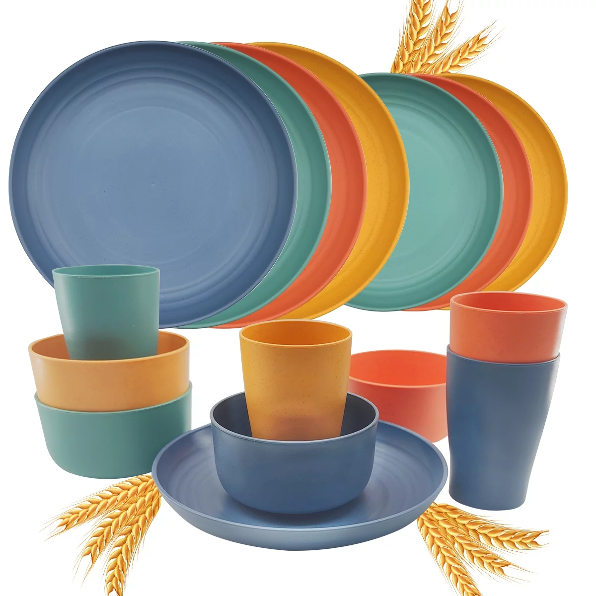 Logianis Wheat Straw Dinnerware Sets Unbreakable Reusable Microwave Plates and Bowls Sets 16 Piece