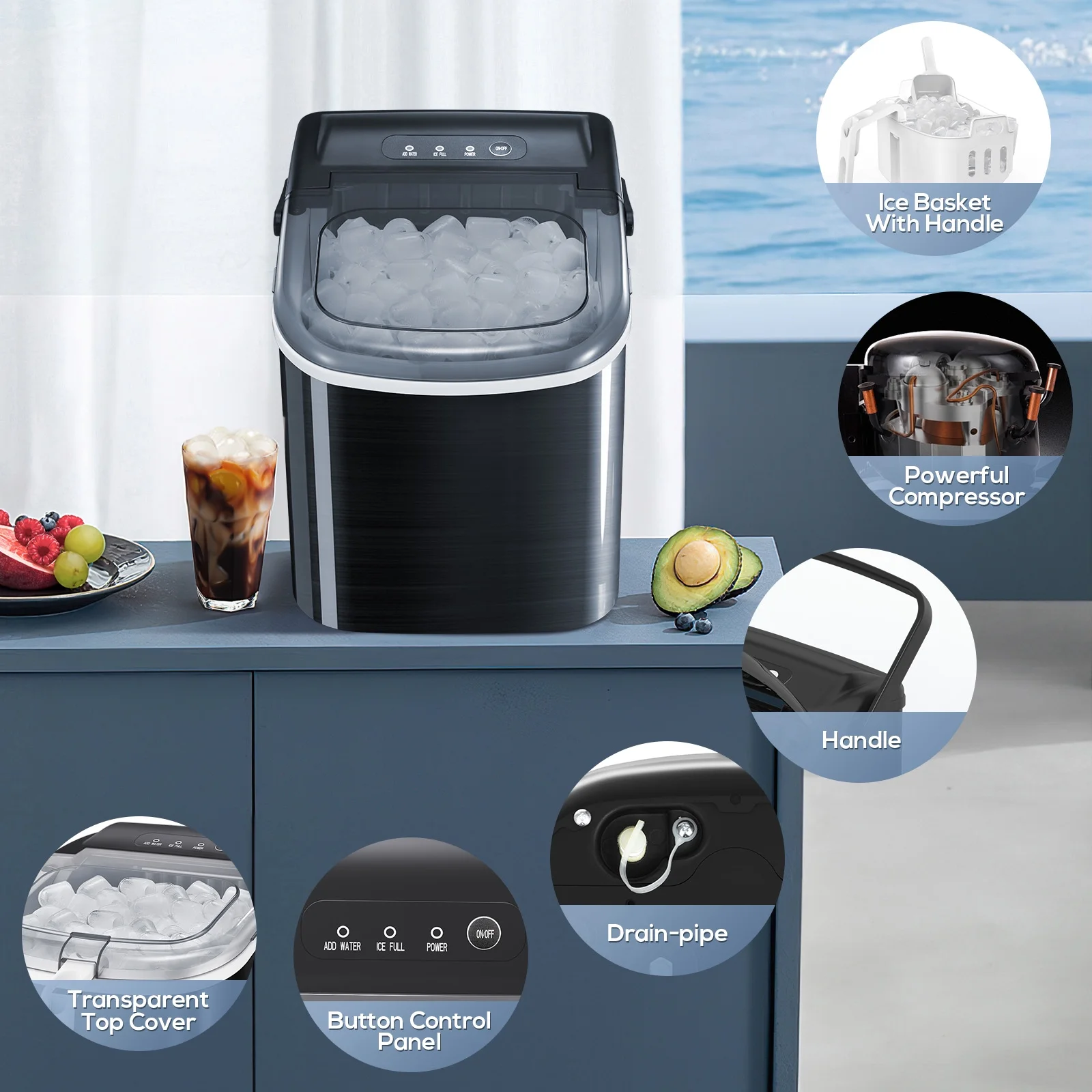 Besttey Stainless Steel Countertop Ice Maker, 9 Bullet Ice Cubes in 6 Mins, 26Lbs/24H, with Scoop & Basket, Black