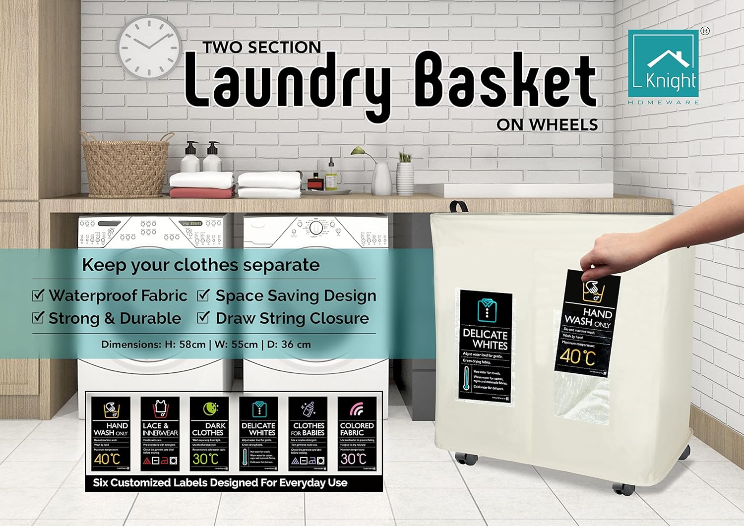 KNIGHT 120L Collapsible Laundry Basket with Wheels - Lightweight, 2 Section, Portable Washing Storage Bin with Mesh Cover & Handles - Durable Fabric (Ivory)