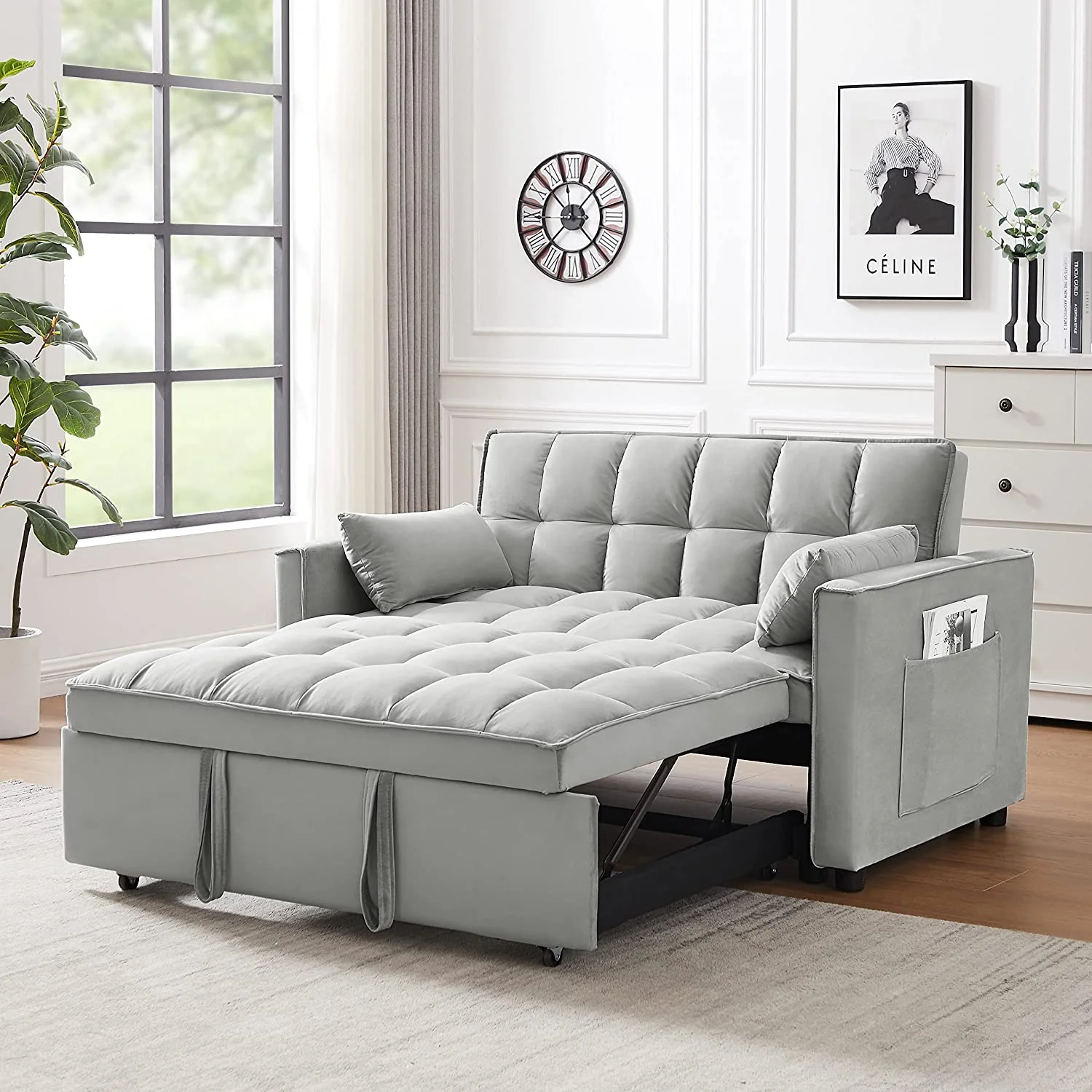 Pull Out Bed Sleeper Sofa Bed With Toss Pillows,Velvet Loveseat Futo Sofa Couch With Pockets,Loveseat Sofa Couch With Adjsutable Backrest For Livig Room