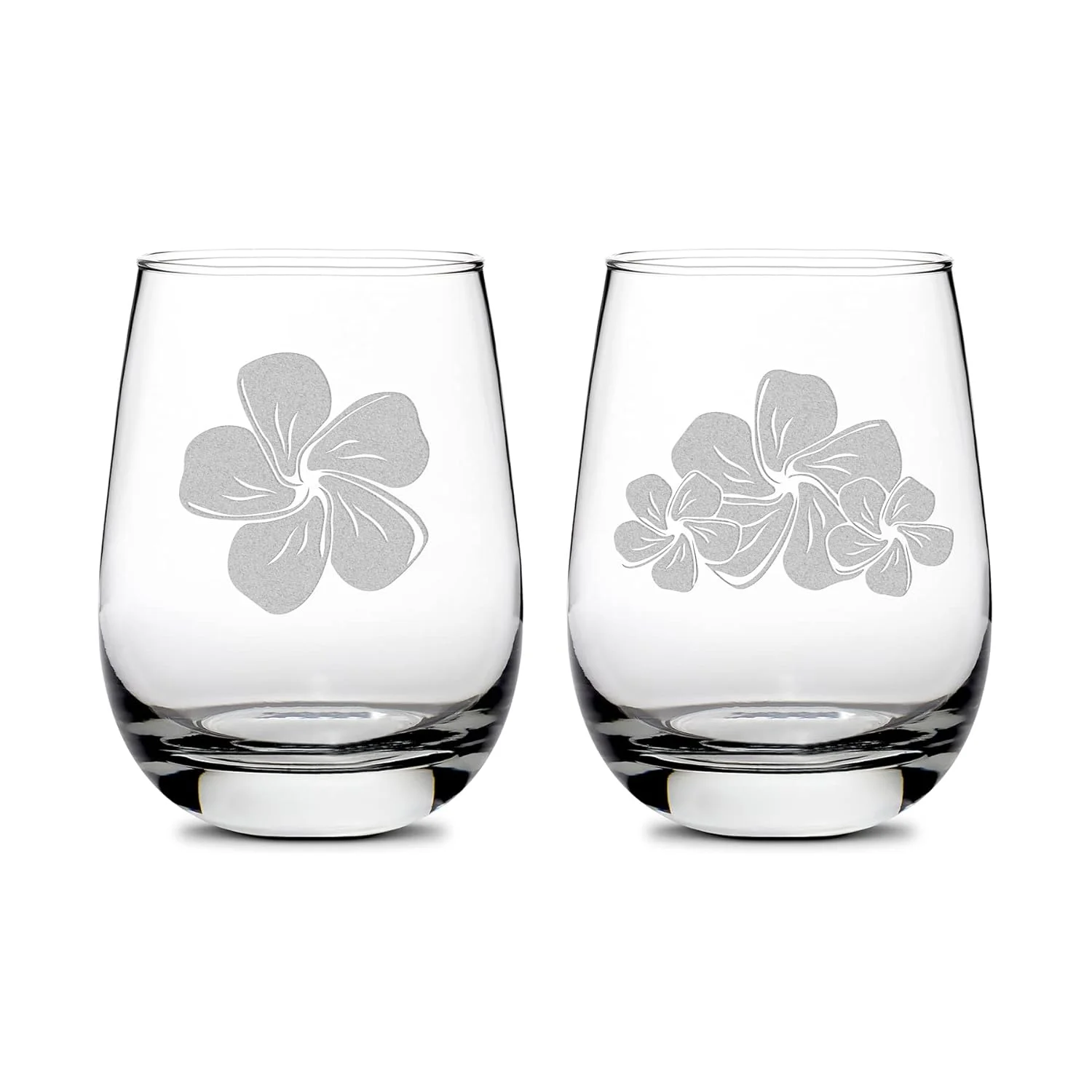 Single Plumeria And 2 Plumerias (Set Of 2) Stemless Wine Glasses Handmade Handblown Hand Etched Gifts Sand Carved 16Oz