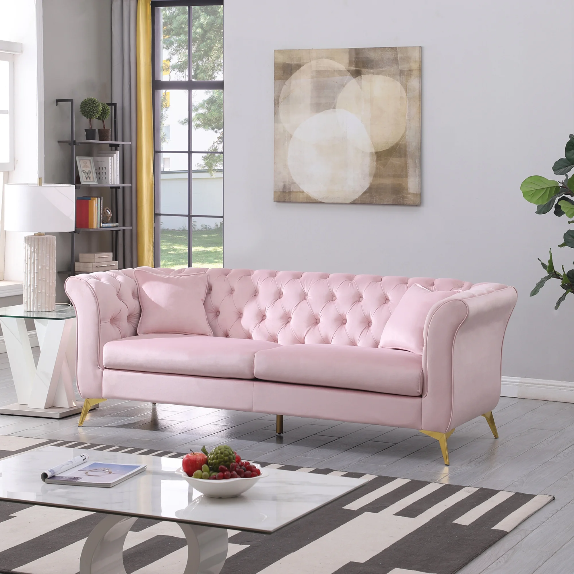Chesterfield sofa ,Stanford sofa , high quality Chesterfield sofa ,pink color , tufted and wrinkled fabric sofa;contemporary Stanford sofa ; tufted sofa with scroll arm and scroll back.loveseater