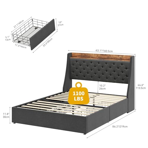 DWVO Queen Size Bed Frame with 4 Storage Drawers, Upholstered Platform Bed Frame with Wingback Storage Headboard, Outlets and USB Ports, Sturdy Wood Slats, No Box Spring Needed - Gray