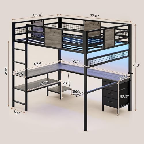 Twin Loft Bed with L-Shaped Desk, Metal Twin Size Bed Frame with LED Lights & Charging Sation, 3 Fabric Drawers, 2-Tier Storage Shelves, Safety Guard & Ladder, No Box Spring Needed