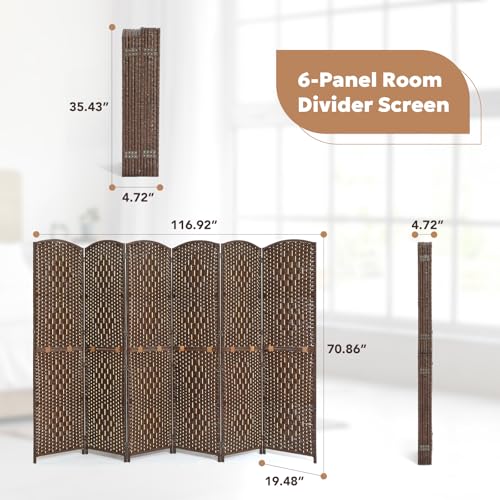 JOSTYLE Folding Privacy Room Divider, 4 Panel Screen Divider 6 ft. Tall Freestanding Extra Wide Rattan Room Partition Wall Separation Dividers, Grey