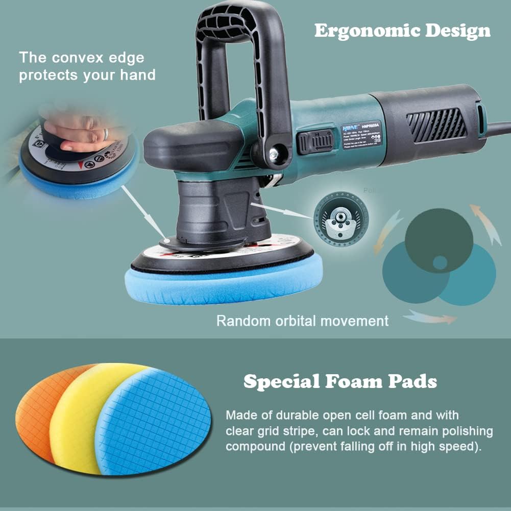 HONE Car Buffer, 6 inch 750W Random Orbital Polisher Buffer with 6 Variable Speed, DA Polisher for Car Detailing of Waxing/Polishing/Buffing