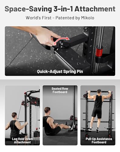 Mikolo Smith Machine, 2200lbs Squat Rack with LAT-Pull Down System & Cable Crossover Machine, Training Equipment with Leg Hold-Down Attachment